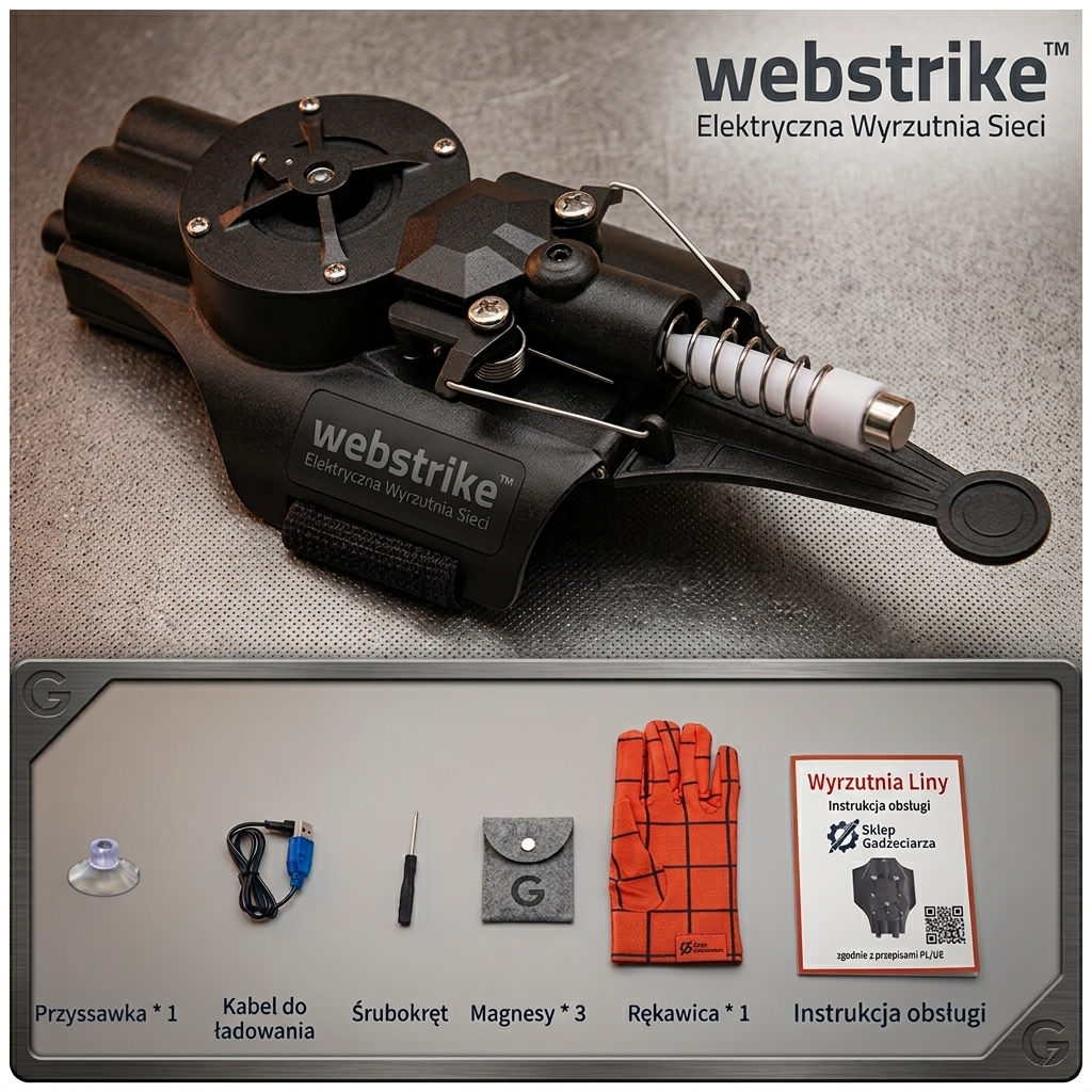 Zawartość zestawu WEBSTRIKE — rękawica, wyrzutnia, magnesy, przyssawka, śrubokręt, kabel USB, instrukcja